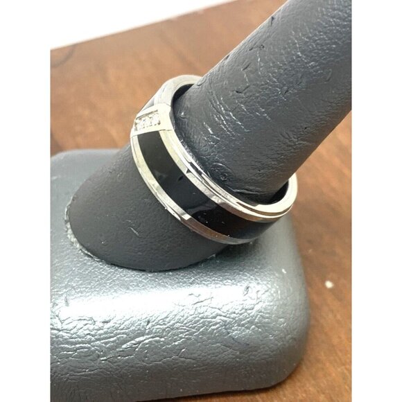 Men's Wedding Band Diamond Black Silver Tungsten Carbide 8mm Ring Size 9.75 - Picture 8 of 14